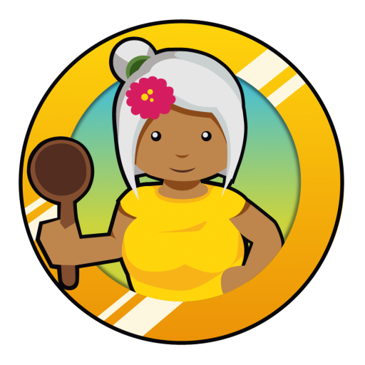 Illustration einer lächelnden Oma mit einem Kochlöffel in der Hand, umgeben von einem gelben Kreis, das Logo steht für frische Bowls, kreative Wraps und Catering mit Liebe.