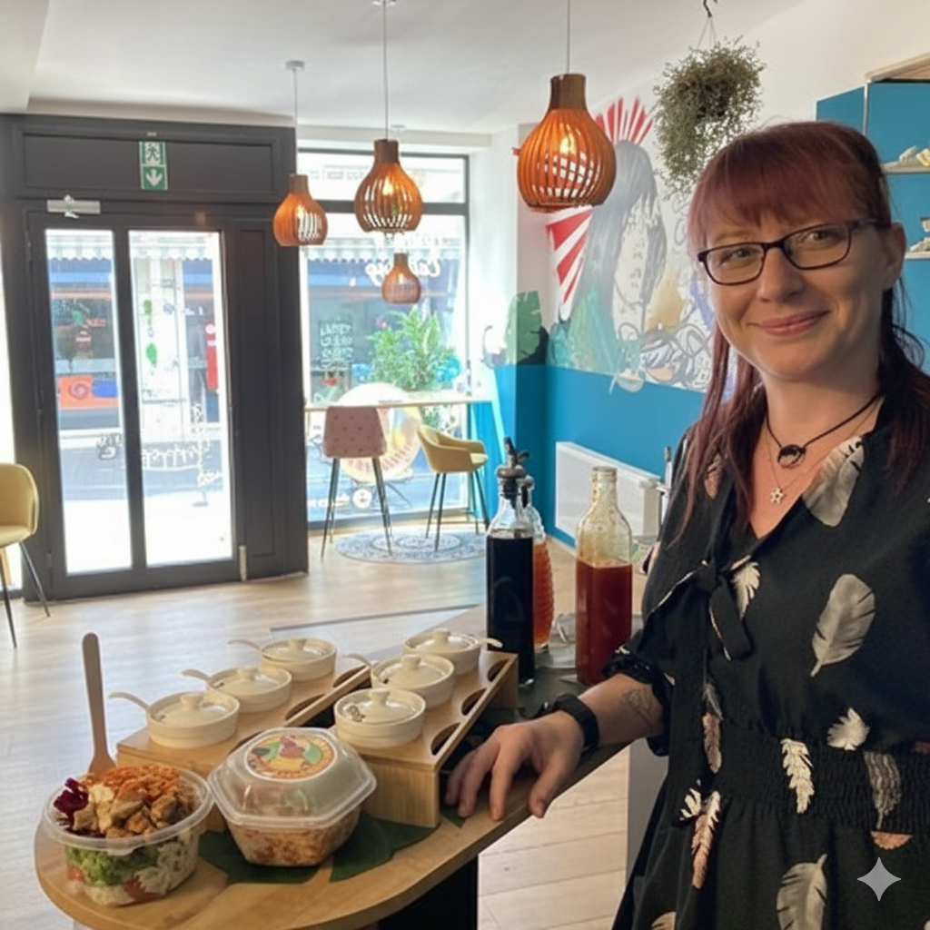 Isis Friedberger, die Inhaberin von Mames Gera, präsentiert lächelnd eine Auswahl an frischen Bowls und hausgemachten Saucen in ihrem Laden.